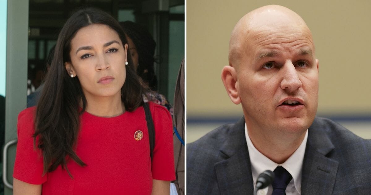 Rep. Alexandria Ocasio-Cortez walking out from the El Paso Border Patrol Station #1 in El Paso, Texas, on July 1, 2019, left. National Border Patrol Council President Brandon Judd testifies before the House Oversight and Government Reform Committee's National Security Subcommittee in the Rayburn House Office Building on Capitol Hill April 12, 2018, in Washington, D.C., right.