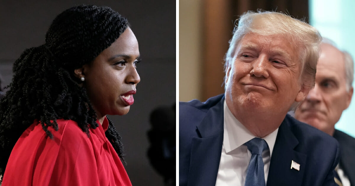 Massachusetts Democratic Rep. Ayanna Pressley, left, suggested this week that she won't refer to Donald Trump, right, as "president," but will instead call him the "occupant of this White House."