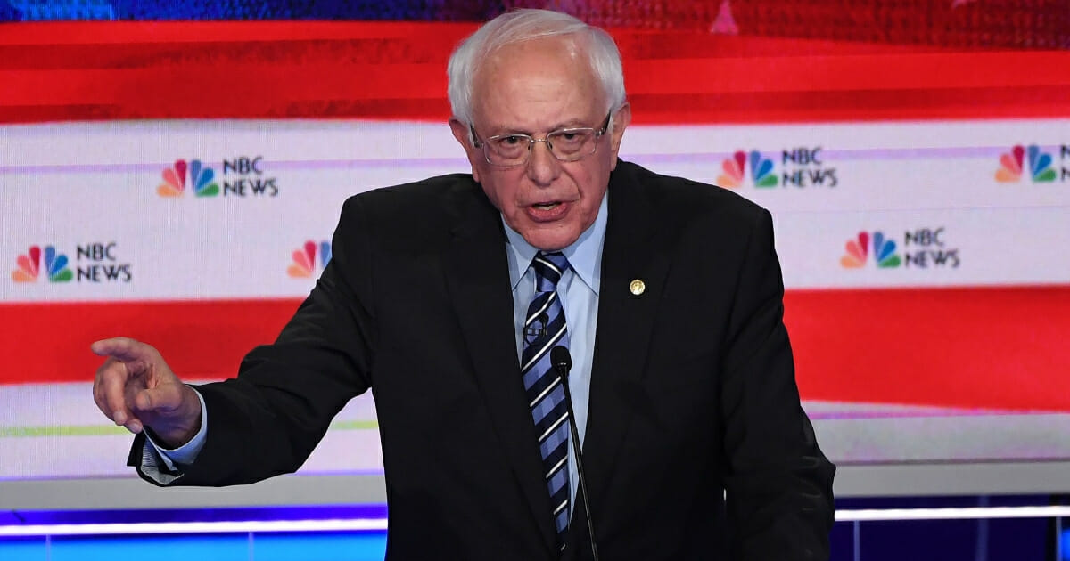 Democratic presidential hopeful and Vermont Senator Bernie Sanders during the second Democratic primary debate of the 2020 presidential campaign season hosted by NBC News at the Adrienne Arsht Center for the Performing Arts in Miami, Florida, on June 27, 2019.