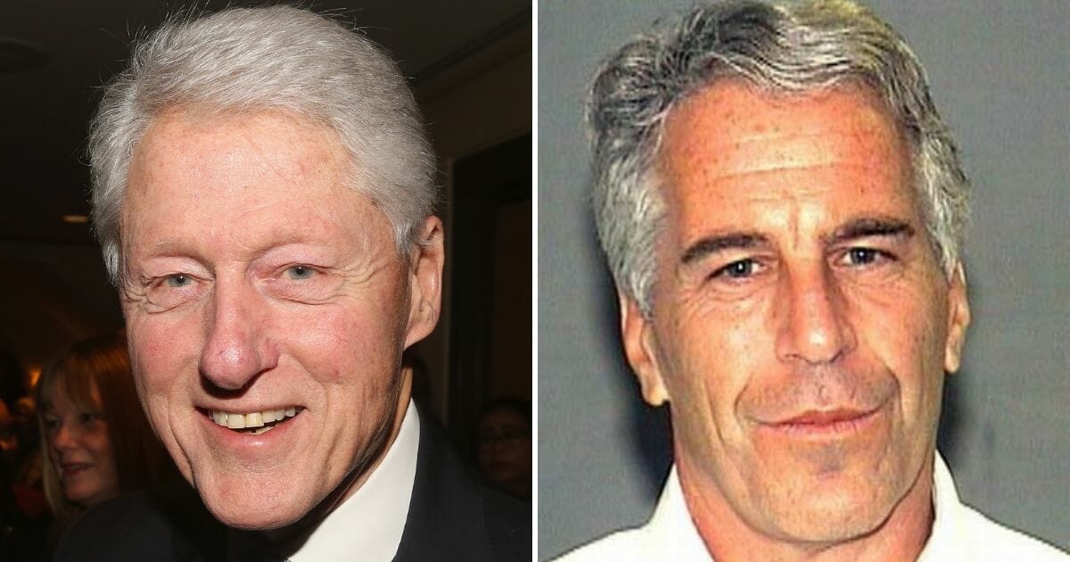 Former President Bill Clinton poses at the opening night of Manhattan Theatre Club's production of "Choir Boy" on Broadway at The Samuel J. Friedman Theatre on Jan. 8, 2019, in New York City, left. Jeffrey Epstein's mug shot, right.
