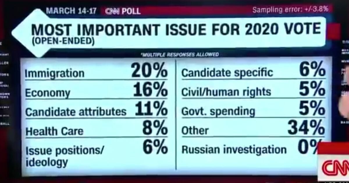 A CNN poll in March asked registered voters which subject is most important heading into the 2020 presidential election; zero chose the Russian probe.