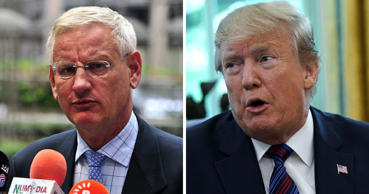 On Friday, ex-Swedish Prime Minister Carl Bildt, left, took to Twitter to denounce comments from President Donald Trump, right, about A$AP Rocky, an American rapper currently jailed in Sweden, whose real name is Rakim Mayers. 