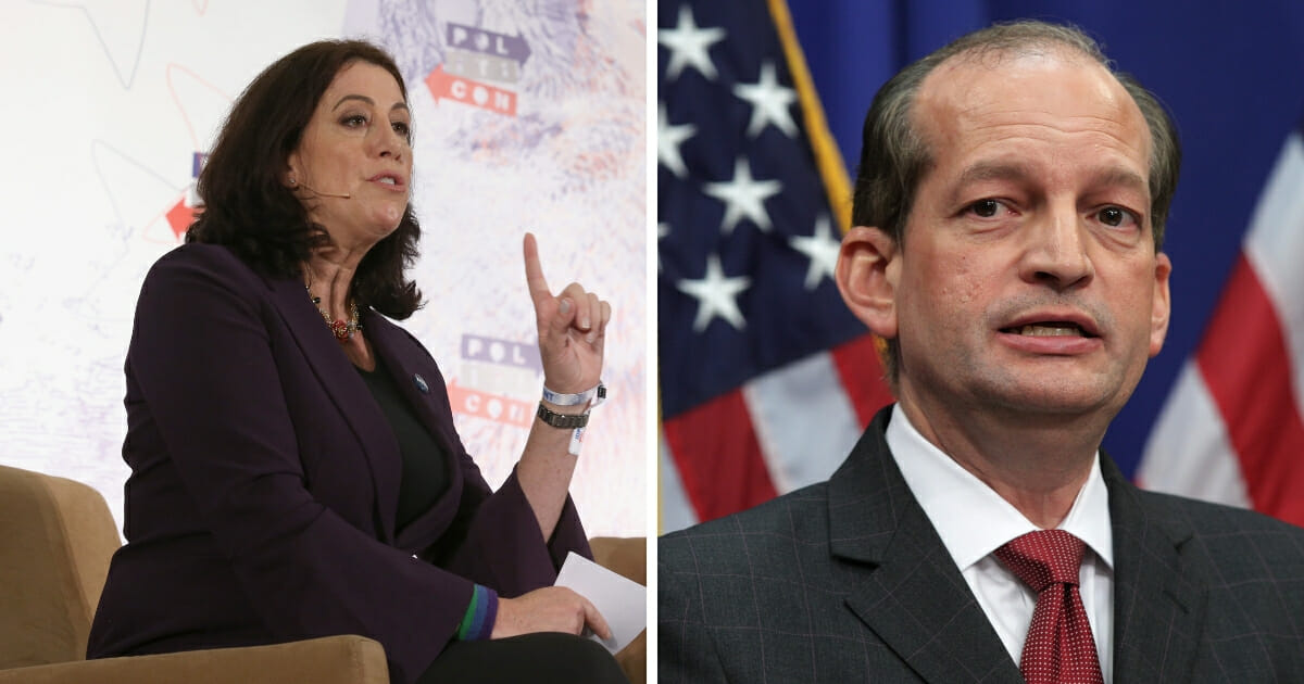 Christine Pelosi, left, the daughter of House Speaker Nancy Pelosi of California, was caught spreading fake news in the form of a fabricated quote from Trump administration Labor Secretary Alexander Acosta, right.