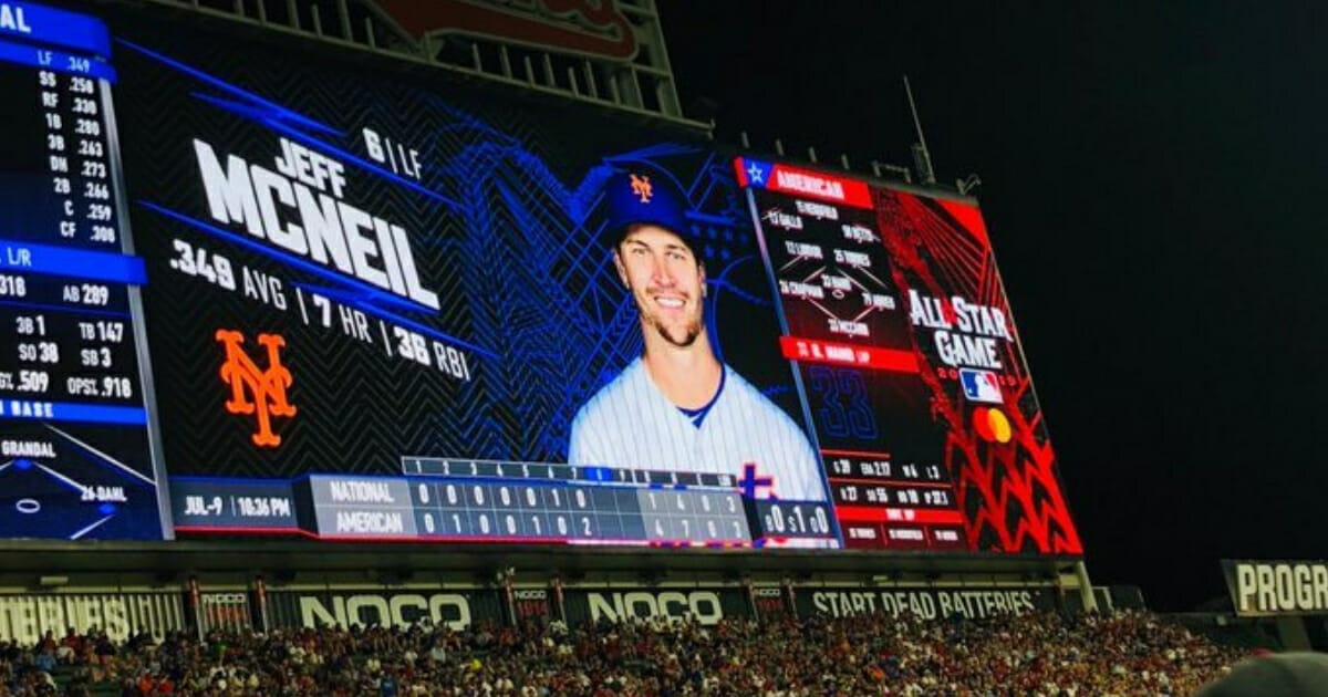 An image of Mets pitcher Jacob deGrom was displayed on the Progressive Field scoreboard when teammate Jeff McNeil was at the plate.