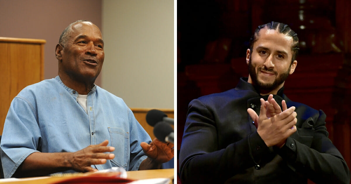 Controversial ex-NFL star O.J. Simpson, left, weighed in on the controversy surrounding former NFL quarterback Colin Kaepernick, right, who reportedly influenced Nike to pull a sneaker adorned with the Betsy Ross flag from shelves.