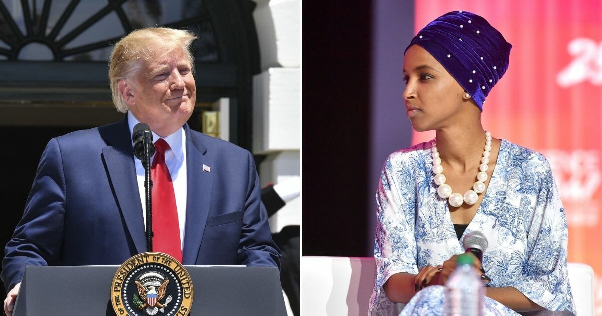 President Donald Trump takes part in the 3rd Annual Made in America Product Showcase on the South Lawn at the White House in Washington, D.C., on July 15, 2019, left. Congresswoman Ilhan Omar speaks on stage at 2019 ESSENCE Festival Presented By Coca-Cola at Ernest N. Morial Convention Center on July 06, 2019, in New Orleans, Louisiana, right.