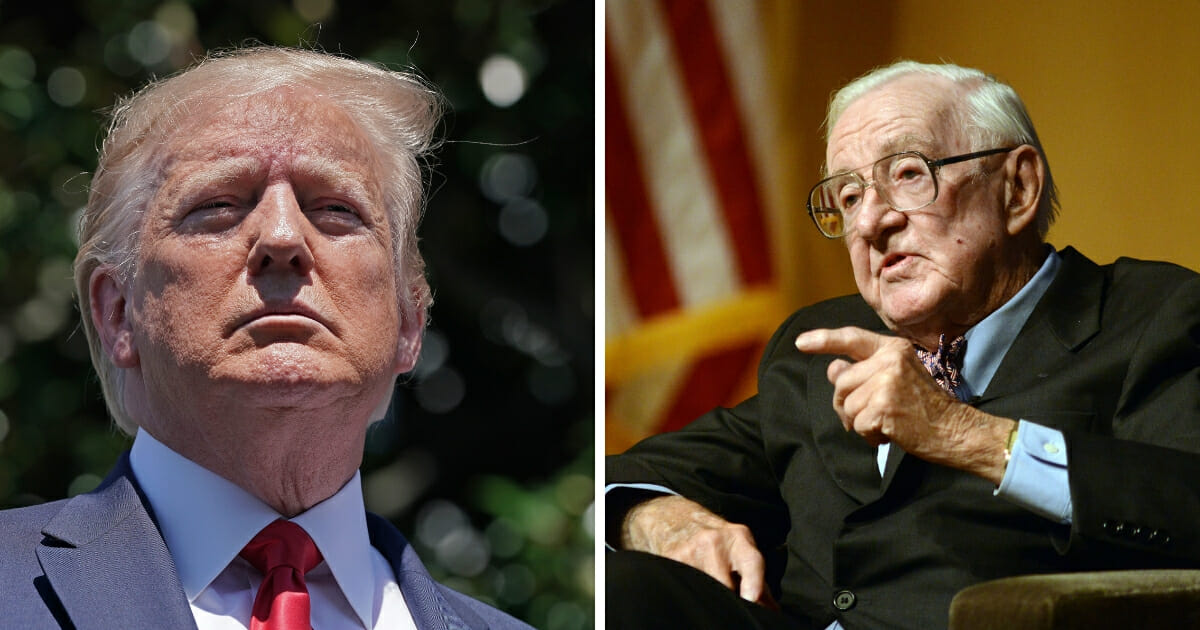 President Donald Trump, left, is honoring the late former Supreme Court Justice John Paul Stevens, right, despite Stevens having criticized the president as recently as May of this year.