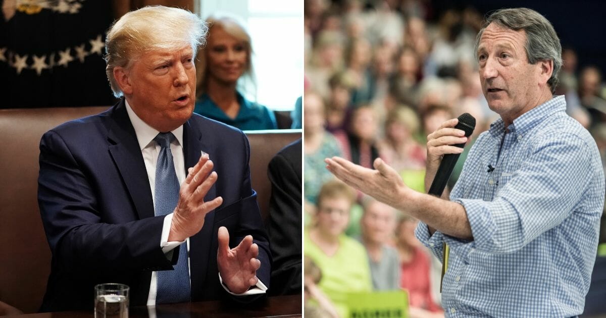 President Donald Trump presides over a cabinet meeting July 16, 2019, at the White House in Washington D.C., left. Mark Sanford (R-SC) addresses the crowd during a town hall meeting March 18, 2017, in Hilton Head, South Carolina, right.
