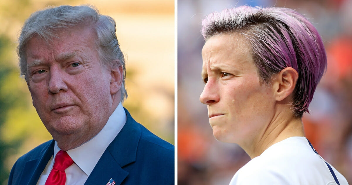 Soccer star Megan Rapinoe of the U.S. Women's National Team, right, took aim at President Donald Trump, left, in an interview, claiming his message is "excluding people."
