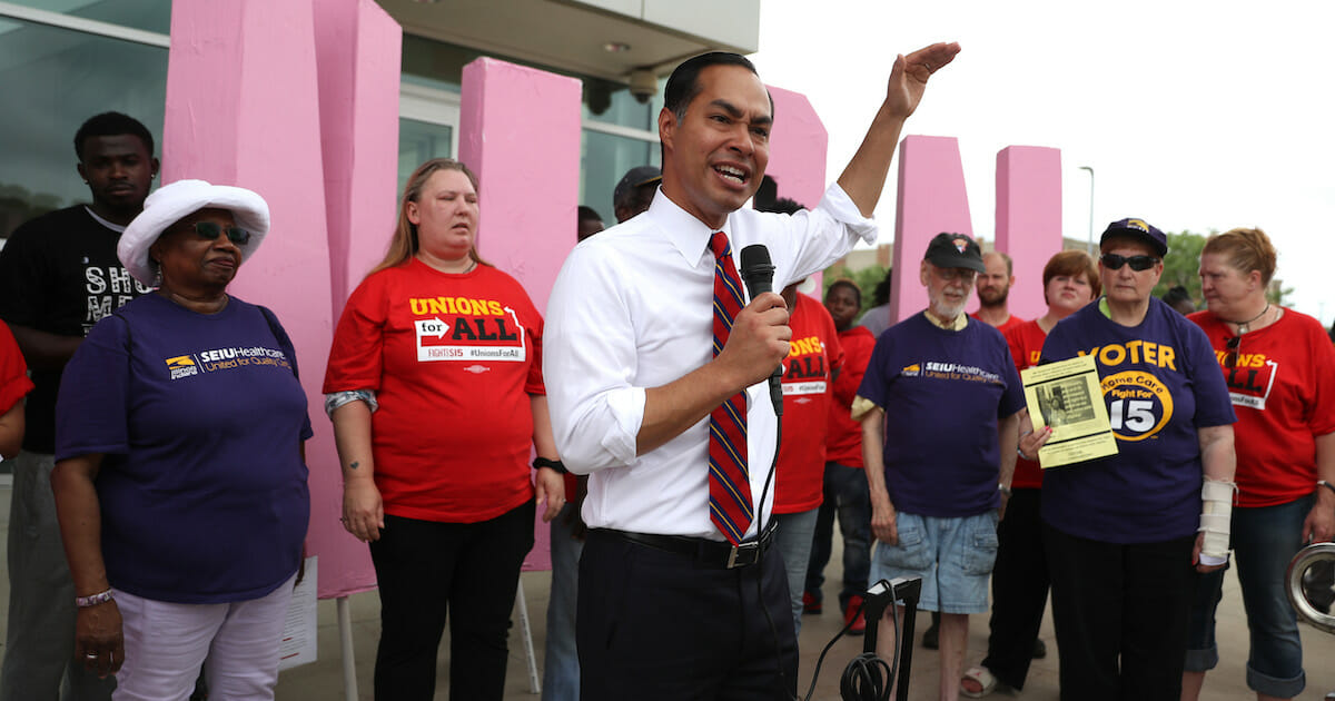 Democratic presidential candidate and former U.S. Secretary of Housing and Urban Development Julian Castro speaks during a union rally July 16, 2019, in Bettendorf, Iowa.
