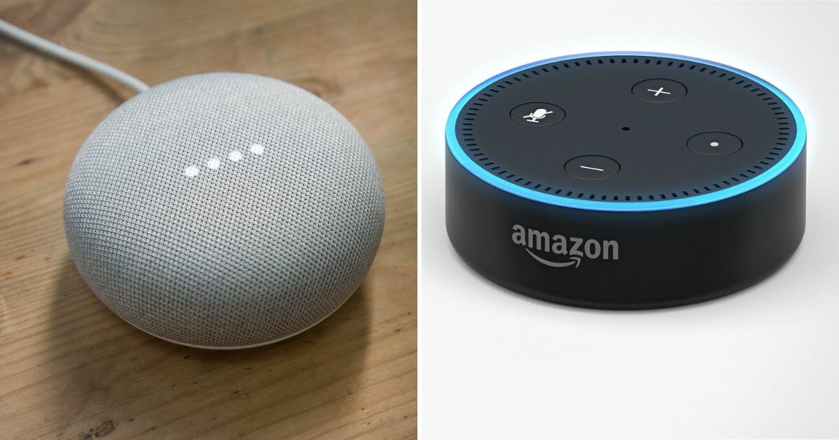 Google Home Mini on wooden desk background, left. Amazon Echo Dot 2, Alexa Voice Service activated recognition system photographed on white studio backdrop, right.
