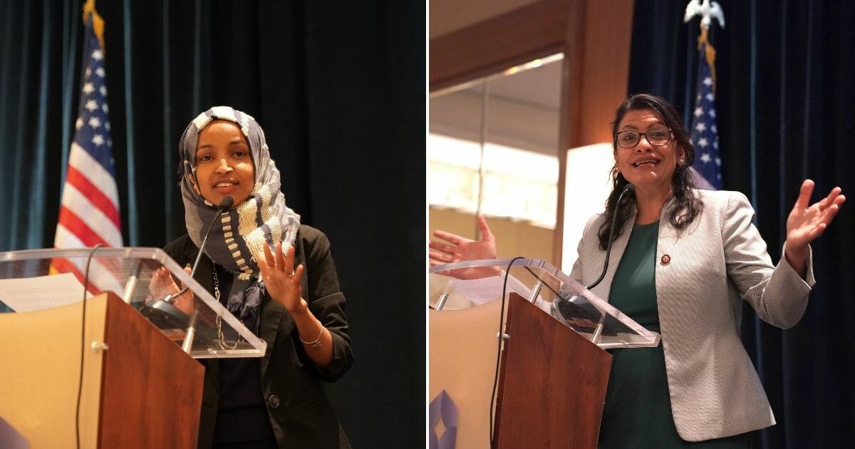 Rep. Ilhan Omar, left, and Rep. Rashida Tlaib, right, speak at the Council on American Islamic Relations congressional reception for newly elected Congressional representatives.