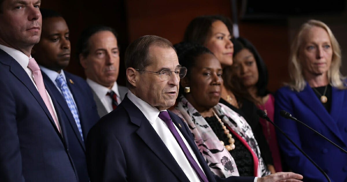 House Judiciary Committee Chairman Jerrold Nadler (D-NY), center, and fellow Democratic members of the committee hold a news conference about this week's testimony of former special counsel Robert Mueller on July 26, 2019 in Washington, D.C.