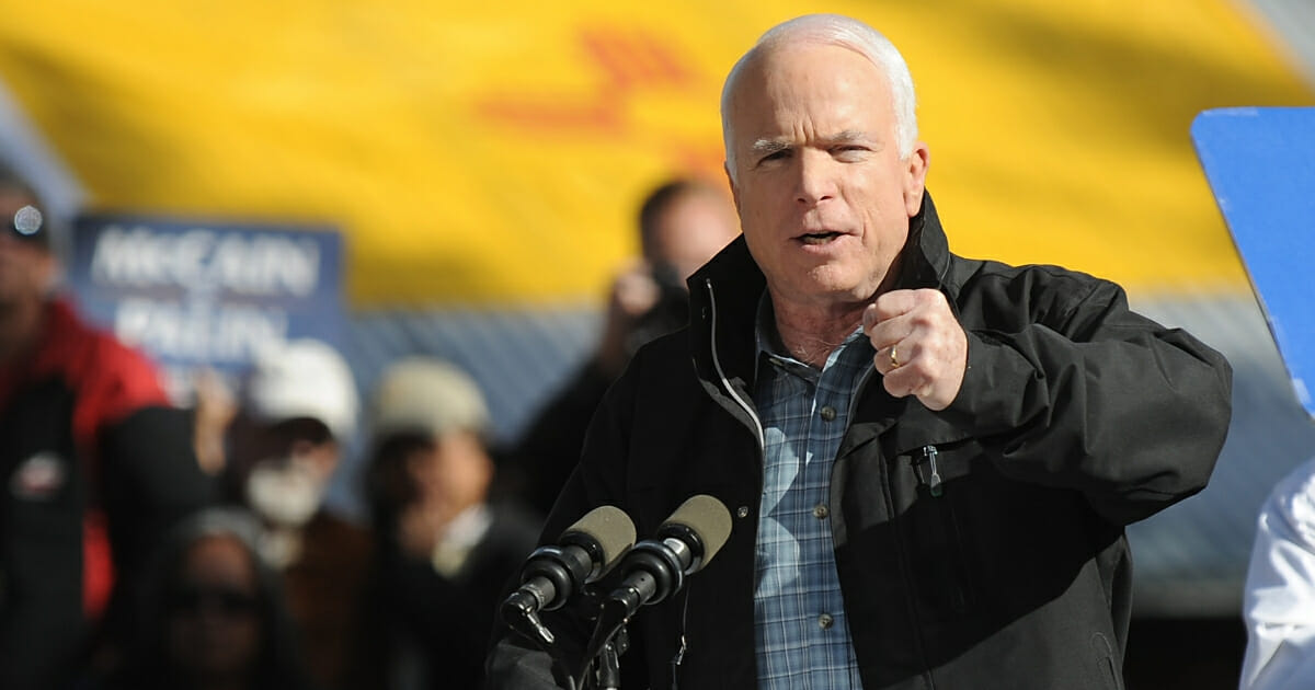 Then-Republican presidential candidate John McCain speaks at a campaign rally at the New Mexico State Fair Grounds in Albuquerque, New Mexico on Oct. 25, 2008.