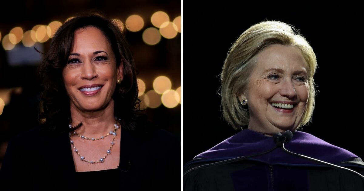Democratic presidential candidate Sen. Kamala Harris (D-CA) speaks during a television interview after the second night of the first Democratic presidential debate on June 27, 2019, in Miami, Florida, left. Former U.S. Secretary of State Hillary Clinton delivers the commencement address at the Hunter College Commencement ceremony at Madison Square Garden, May 29, 2019, in New York City, right.