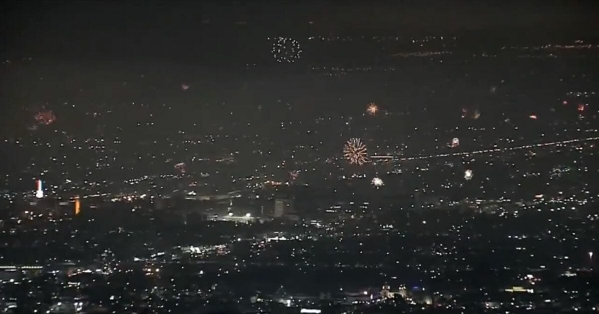 fireworks in the Los Angeles skyline