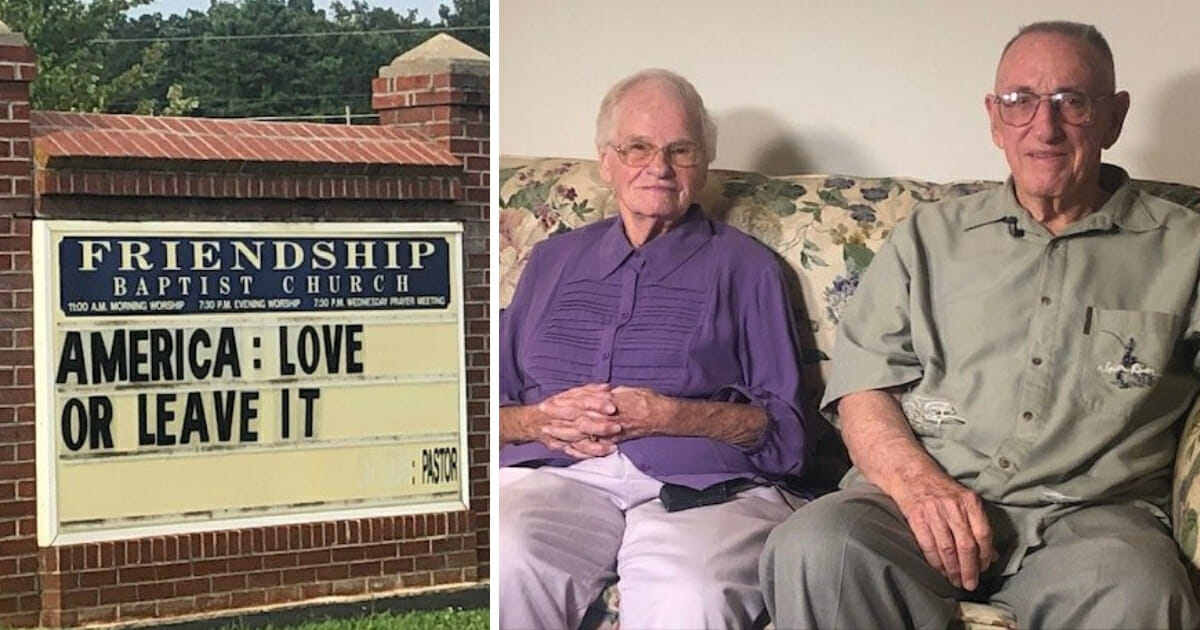"America: Love It or Leave It" appears on the sign outside of Friendship Baptist Church in Virginia, started by E.W. Lucas and his wife.