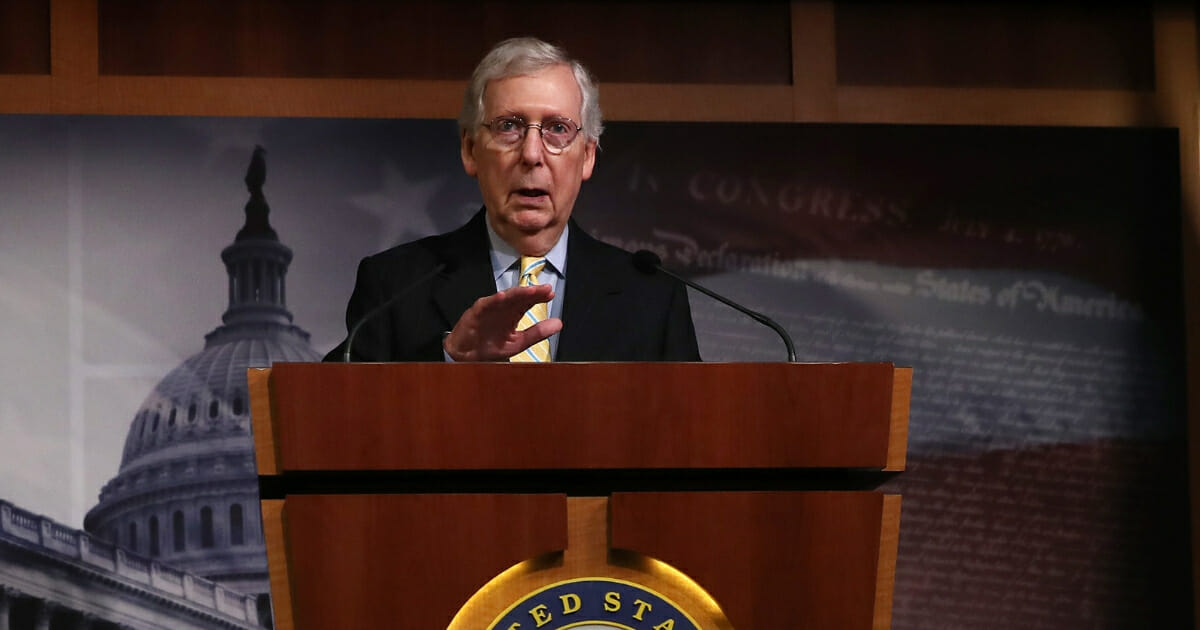 Senate Majority Leader Mitch McConnell speaks to the media during a news conference on Capitol Hill on June 27, 2019 in Washington, D.C.