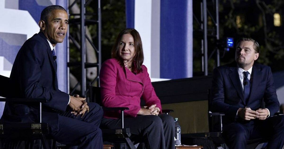 Then-President Barack Obama, scientist Katharine Hayhoe and actor Leonardo DiCaprio discuss climate change at the South by South Lawn festival in Washington, D.C., on Oct. 3, 2016.