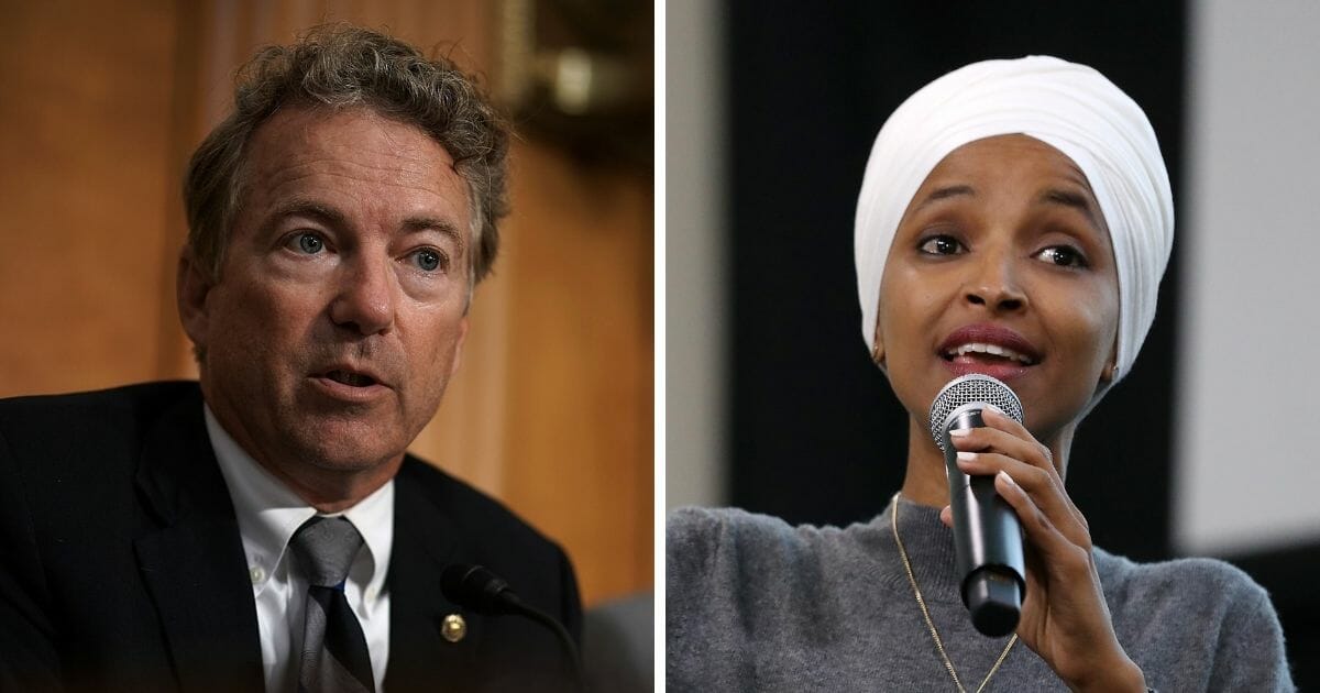 Opposite pictures of Rand Paul and Ilhan Omar speaking