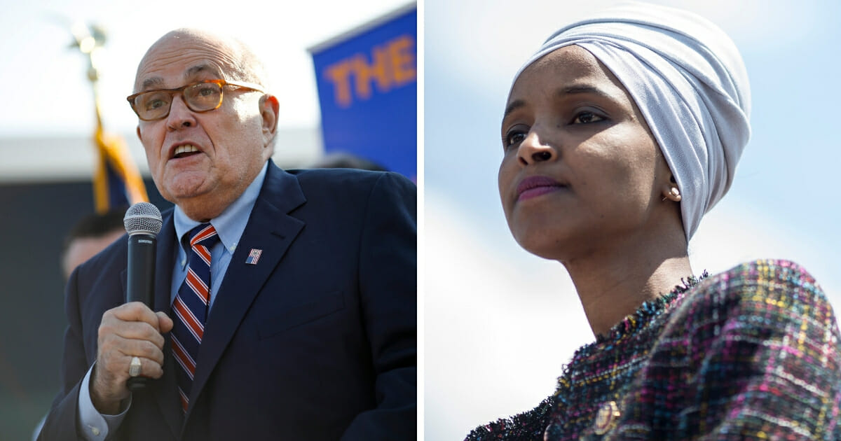 Former New York City Mayor Rudy Giuliani, left, blasted Rep. Ilhan Omar, right, over controversial remarks she made about the 9/11 terror attacks in New York City, saying it would be hard to imagine comments that are "more anti-American" than her's.