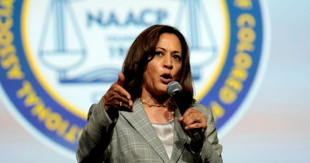 Democratic presidential hopeful Kamala Harris addresses the Presidential Forum at the NAACP's 110th National Convention on July 24, 2019, in Detroit, Mich.