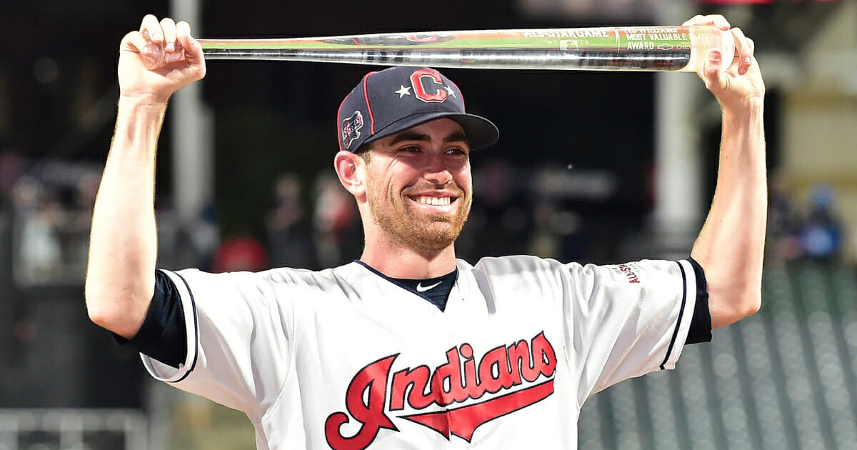 Shane Bieber of the Cleveland Indians poses with the MLB All-Star Game Most Valuable Player Award.