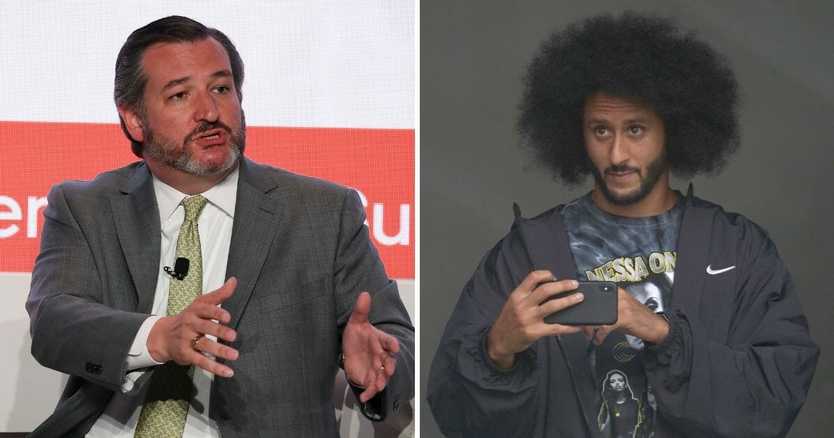 Sen. Ted Cruz (R-TX) participates in a fireside chat during the Uber Elevate Summit 2019 at Ronald Reagan Building and International Trade Center on June 11, 2019 in Washington, DC. , left. Colin Kapernick on stage during the Hot 97 Summer Jam 2019 at MetLife Stadium on June 2, 2019, in East Rutherford, New Jersey., right.