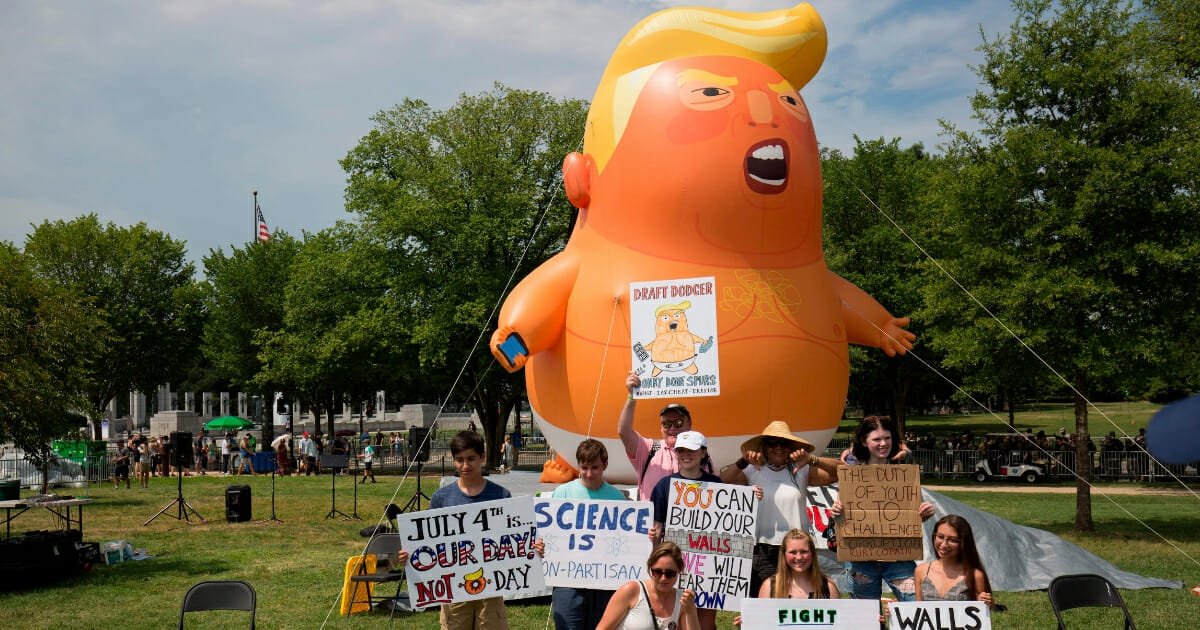 A "Trump Baby" balloon, set up by members of the CodePink group, is seen ahead of the "Salute to America" Fourth of July event with President Donald Trump at the Lincoln Memorial on the National Mall in Washington, D.C., on July 4, 2019.