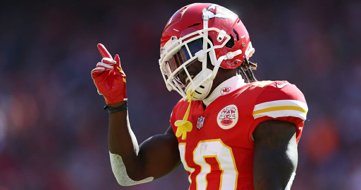 Tyreek Hill of the Kansas City Chiefs reacts after catching a pass during an Oct. 28, 2018, game against the Denver Broncos.