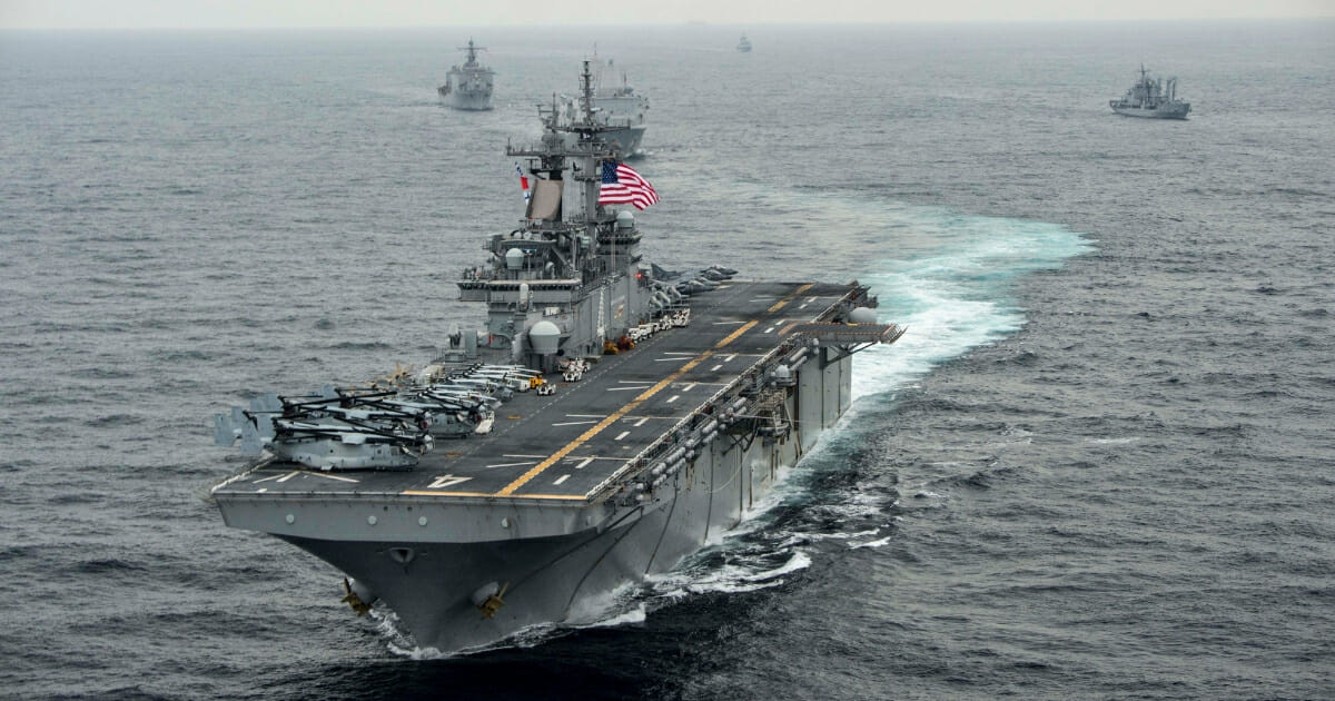 In this handout photo provided by the U.S. Navy, the amphibious assault ship USS Boxer (LHD 4) transits the East Sea on March 8, 2016 during Exercise Ssang Yong 2016.
