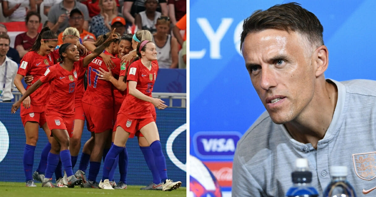The U.S. women's soccer team celebrates a goal, left, and England head coach Phil Neville, right.