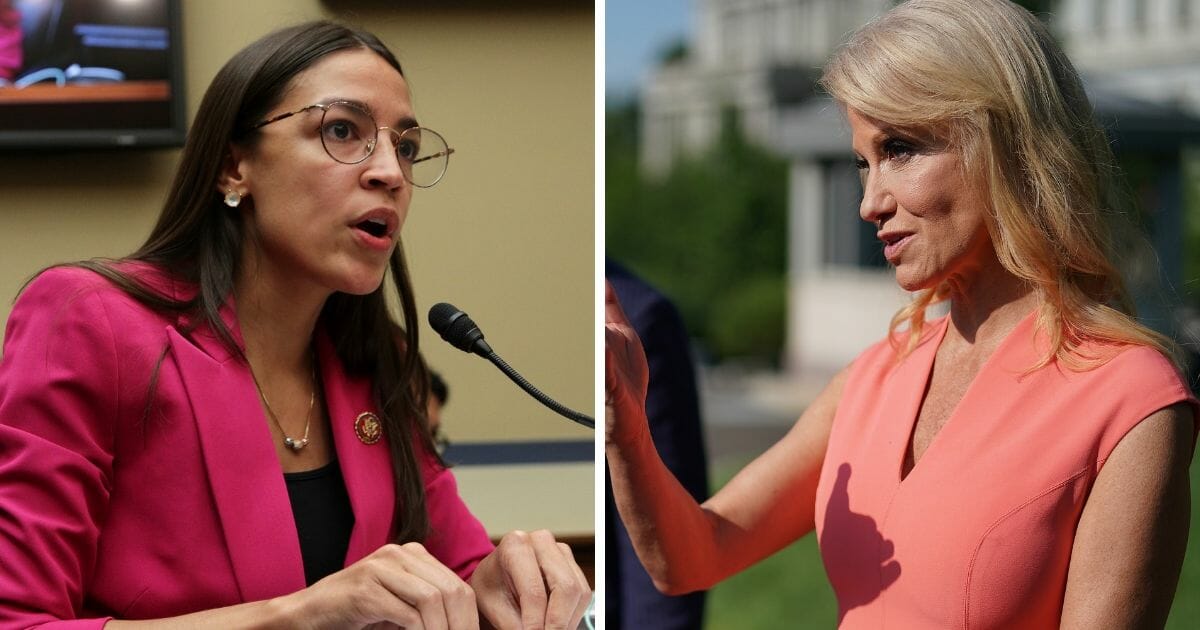 Rep. Alexandria Ocasio-Cortez, left; and White House counselor Kellyanne Conway, right.
