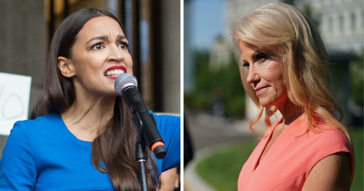 New York Rep. Alexandria Ocasio-Cortez, left, has called out White House counselor Kellyanne Conway, right, for using "sexist" language