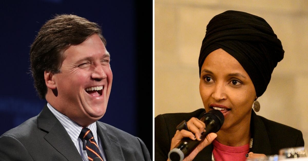 Minnesota Rep. Ilhan Omar, right, has called Fox News host Tucker Carlson, left, a "racist fool"