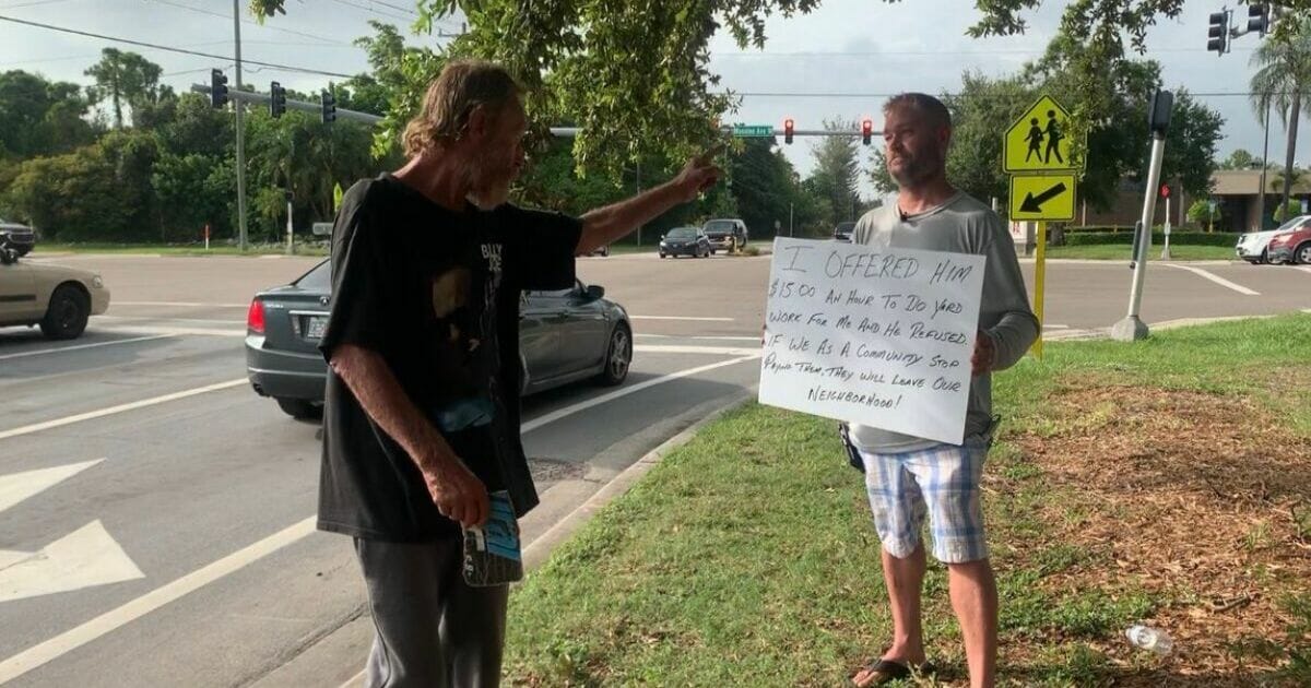 A panhandler in Florida, left, curses out small business owner Ryan Bray, right, for offering him gainful employment