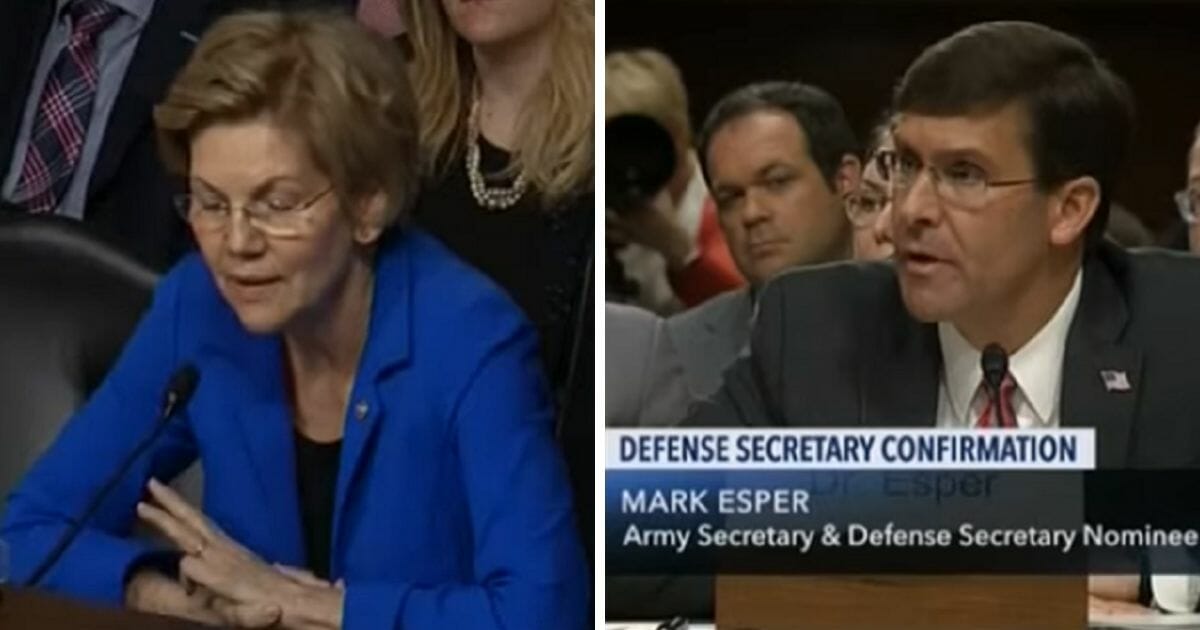 Sen. Elizabeth Warren, left, and army secretary and defense secretary-noiminee Mark Esper, right.