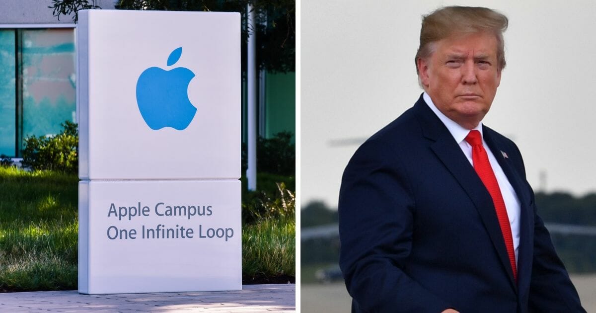 Apple sign at its Cupertino, California, headquarters, left; President Donald Trump, right.