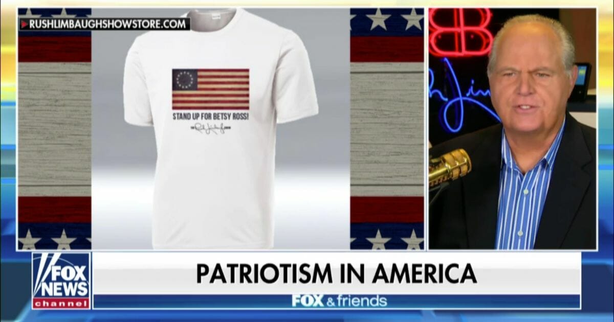 Talk show host Rush Limbaugh discusses his "Betsy Ross" flag T-shirt on "Fox and Friends"