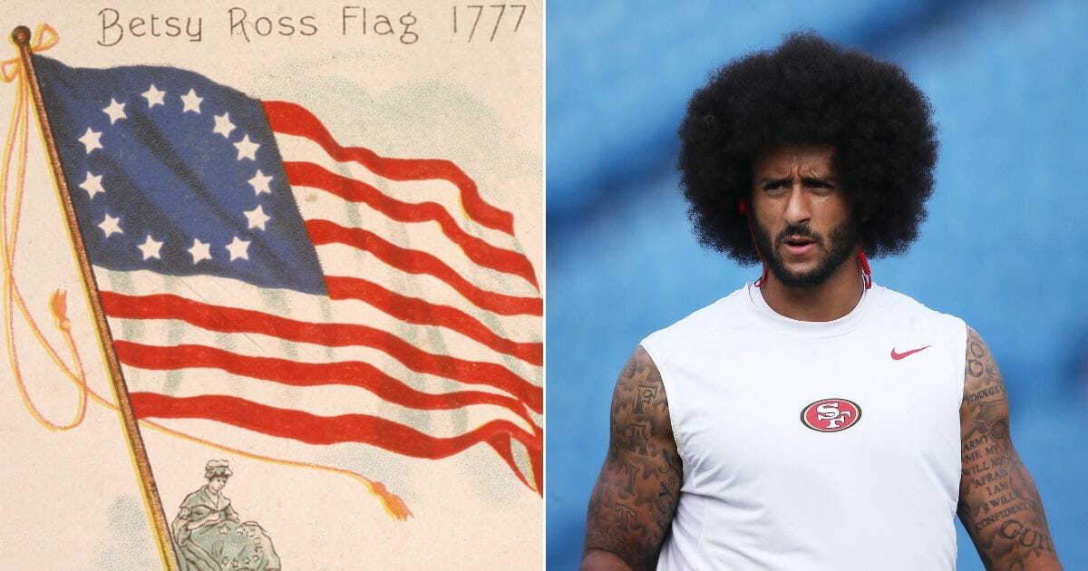 The early American "Betsy Ross" flag, left, and former NFL quarterback Colin Kaepernick, right