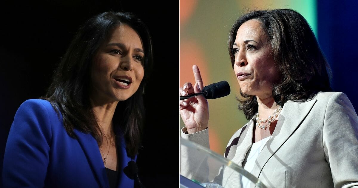 Hawaii Rep. Tulsi Gabbard, left, has criticized California Sen. Kamala Harris, right, over the latter's attack on former Vice President Joe Biden