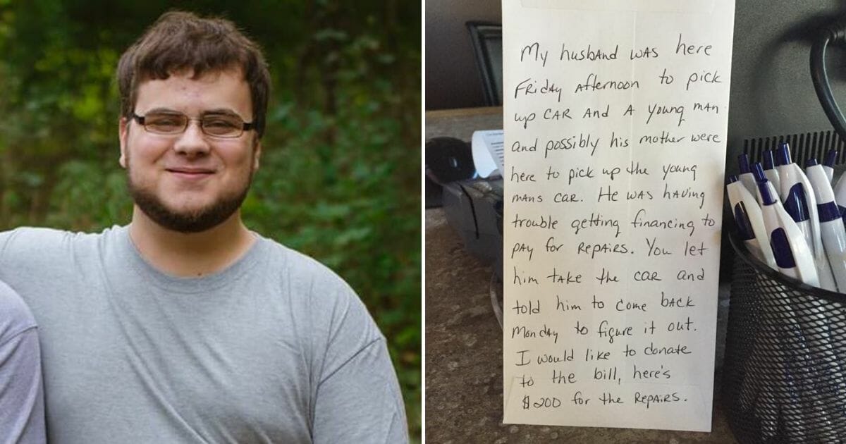 A teenage boy, left, and a note on an envelope, right.
