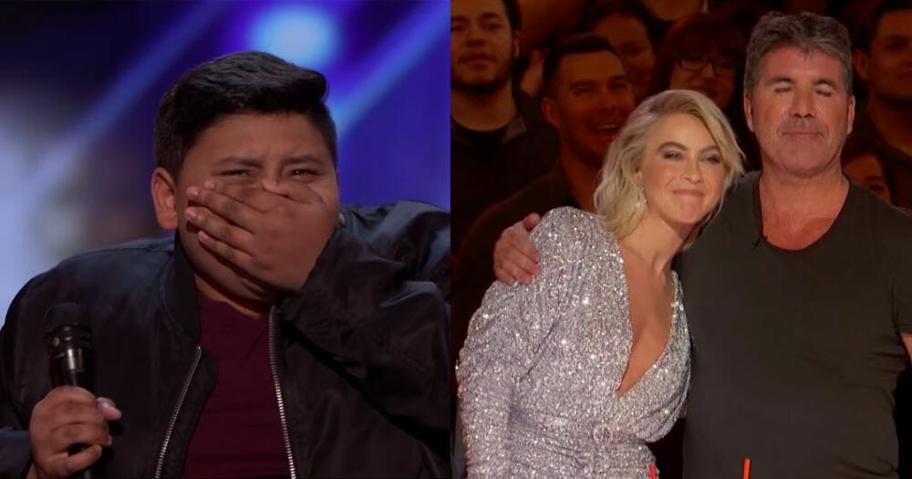 Boy crying, left, Simon and Julianne hugging, right.