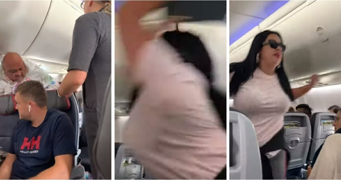 Panel of three pictures showing man leaving airplane seat, woman striking him with a laptop, then woman returning for her purse.