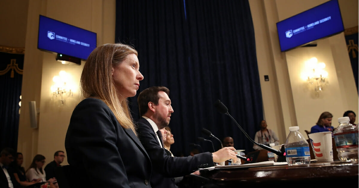 Monika Bickert, left, of Facebook and Nick Pickles of Twitter testify before the House Homeland Security Committee in Washington.