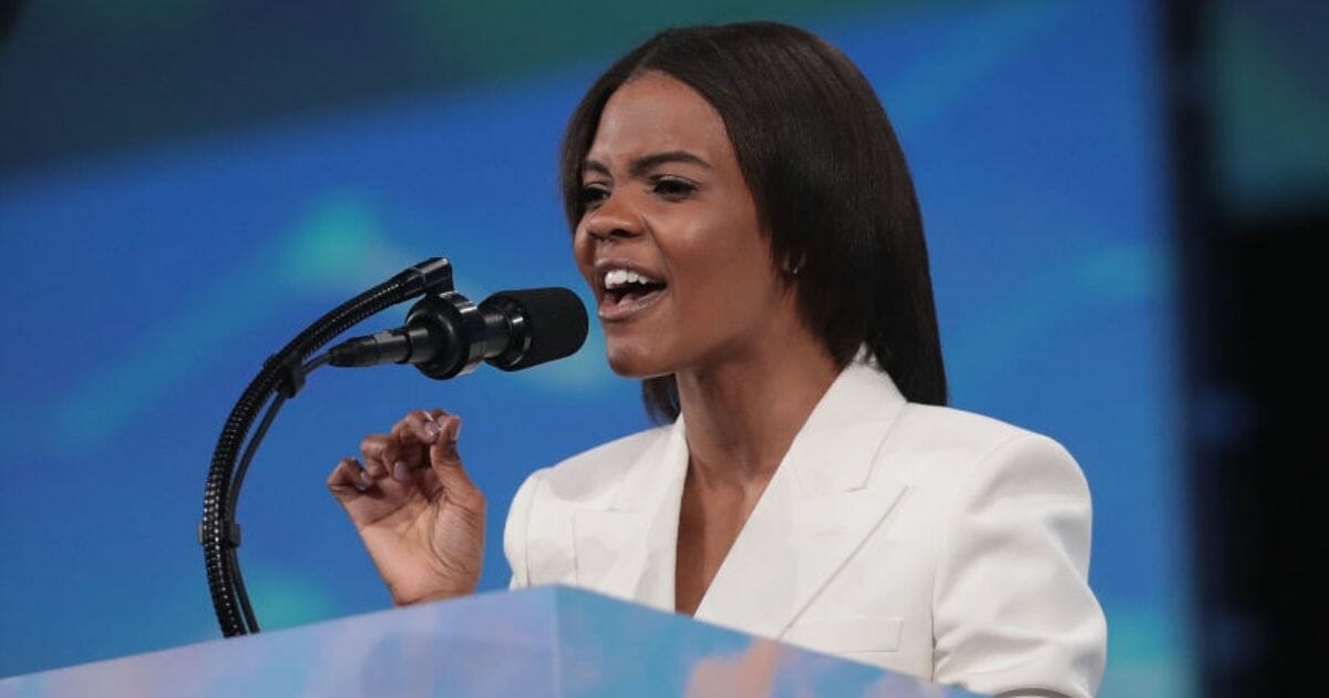 Conservative commentator Candace Owens speaks to guests during a leadership forum April 26, 2019, in Indianapolis.