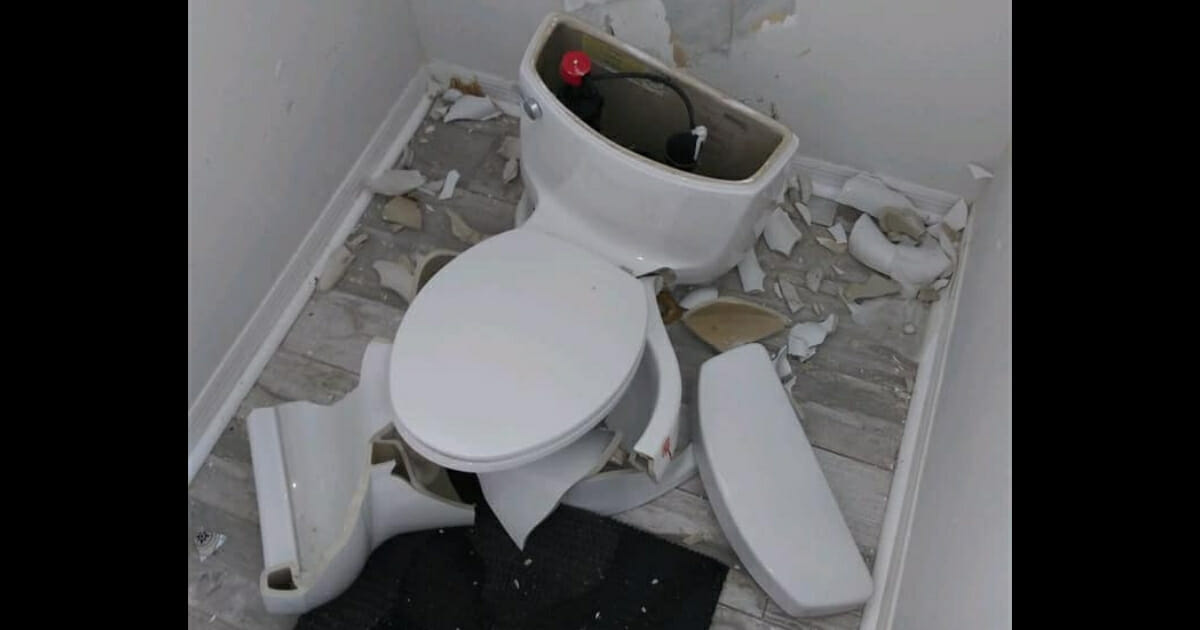 An exploded toilet.
