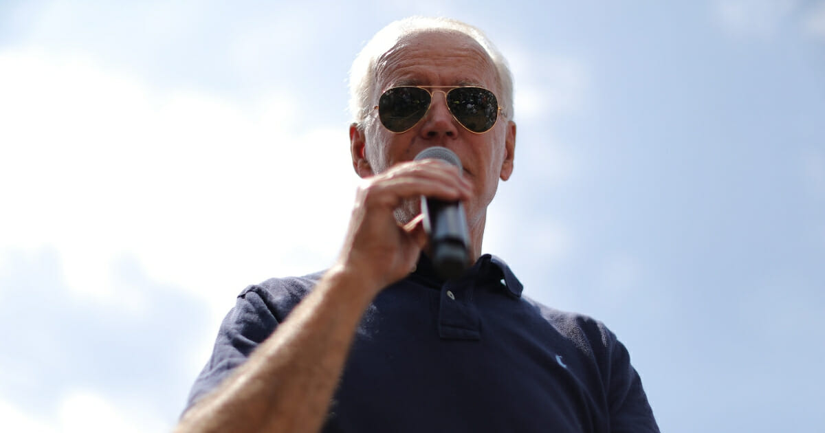 Democratic presidential candidate and former Vice President Joe Biden delivers a 20-minute campaign speech at the Des Moines Register Political Soapbox at the Iowa State Fair on Aug. 8, 2019, in Des Moines, Iowa.