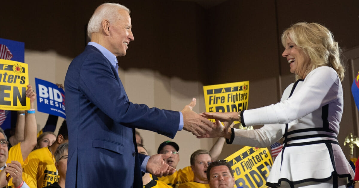 Former Vice President Joe Biden greet his wife Jill Biden during his first campaign event as a candidate for president at Teamsters Local 249 in Pittsburgh, Pennsylvania, on April 29, 2019.