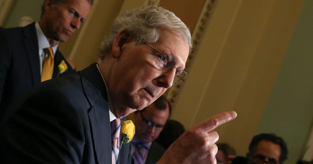 Senate Majority Leader Mitch McConnell (R-KY) speaks to the media after attending the Republican weekly policy luncheon on Capitol Hill on June 4, 2019 in Washington, D.C.